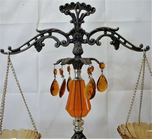 A Vintage Scales of Justice Ornament with Yellow Glass Bowls