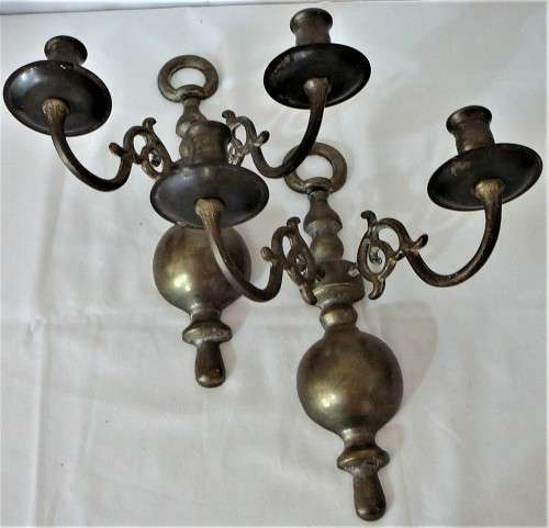 A Pair of Solid Brass Double Arm Wall Sconces