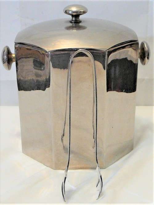 An Octagonal Silver Plated Ice Bucket Complete with Silver Plated Ice Tongs