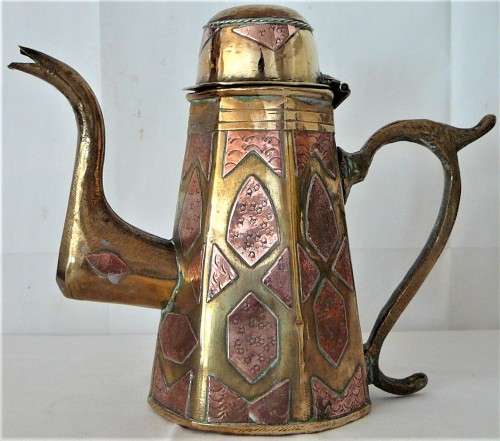 A Vintage Middle Eastern Copper Inlaid Brass Coffee Pot
