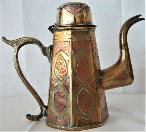 A Vintage Middle Eastern Copper Inlaid Brass Coffee Pot