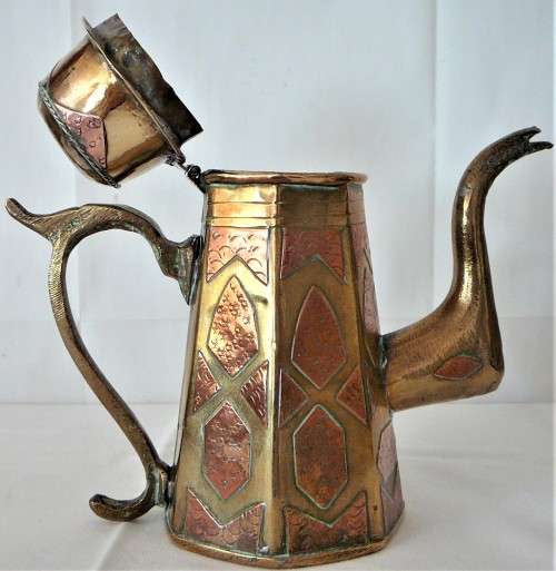 A Vintage Middle Eastern Copper Inlaid Brass Coffee Pot