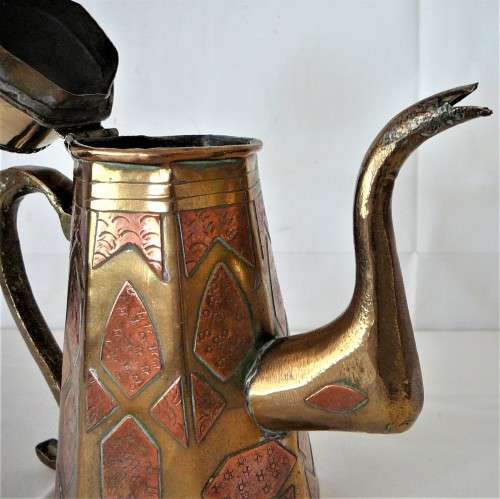 A Vintage Middle Eastern Copper Inlaid Brass Coffee Pot