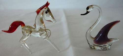 A Gorgeous Pair of Venetian Glass Ornaments - A Prancing Horse and a Swan
