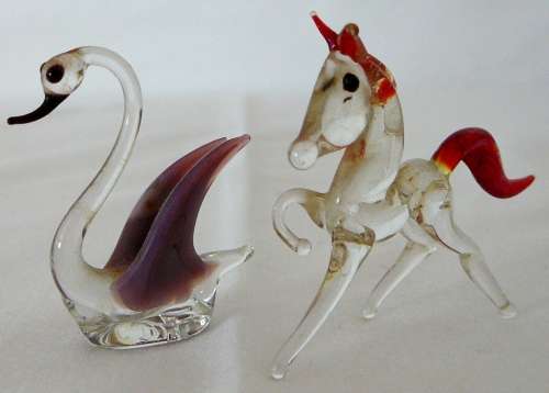 A Gorgeous Pair of Venetian Glass Ornaments - A Prancing Horse and a Swan