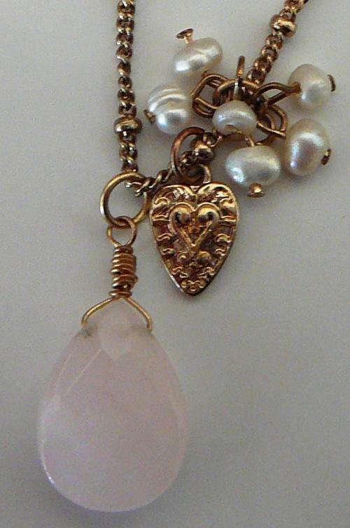 Rose Quartz and Seed Pearl Pendant with Heart on Gold Coloured Chain.