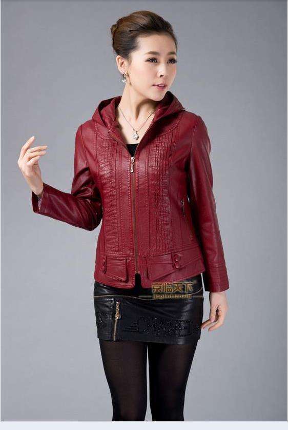 Maroon Fashion PU Leather Jacket With Hoodie