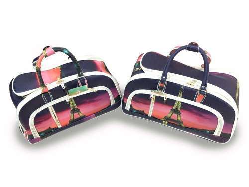 Set Of 2 Duffle Travel Bags with Universal Wheels Paris Themed - Eiffel Tower with Light Red & Black