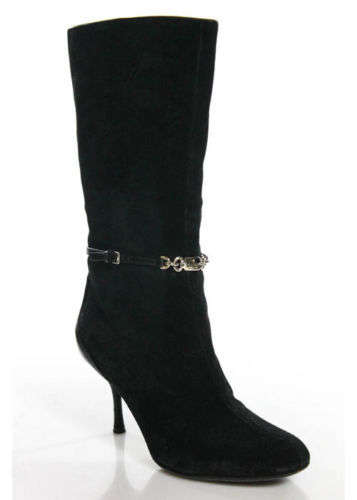 Ladies Black Suede Mid Calf Heel Boots