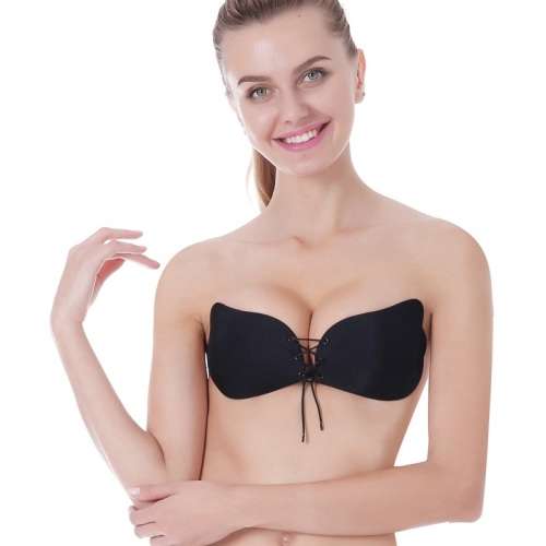Sexy Strapless Front Lacing Push Up Bra- Black