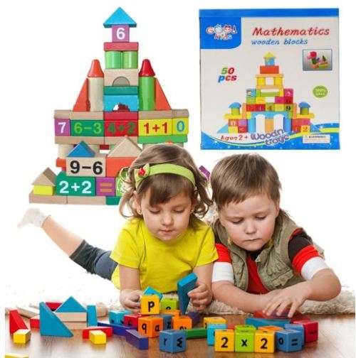 50 Piece Mathematics Wooden Learning Blocks Play Set for Kids
