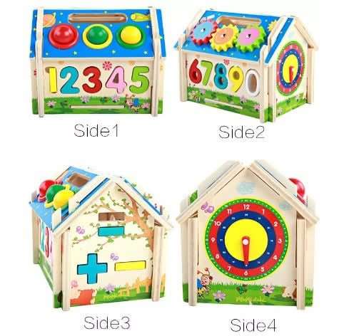 Multi-Functional Intelligent Wooden House Blocks Play Set for Kids - Shapes, Number, Colours