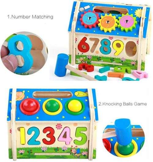 Multi-Functional Intelligent Wooden House Blocks Play Set for Kids - Shapes, Number, Colours
