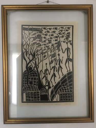 A rare linocut from Bhekisani Manyoni entitled `Boys chasing Swallows` limited edition 6/100.