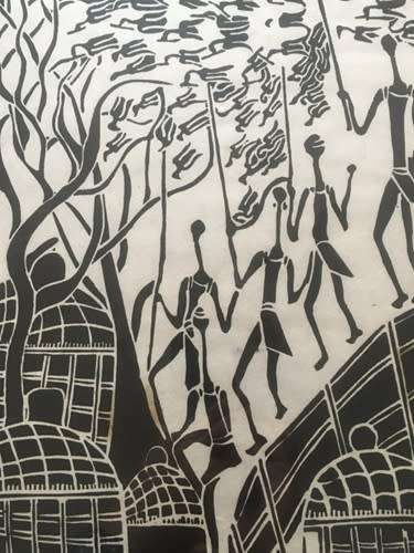 A rare linocut from Bhekisani Manyoni entitled `Boys chasing Swallows` limited edition 6/100.