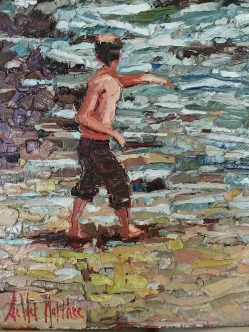 Beautiful INVESTMENT ART! !  "Boy at water"  Oil on Board:De Wet Mathee