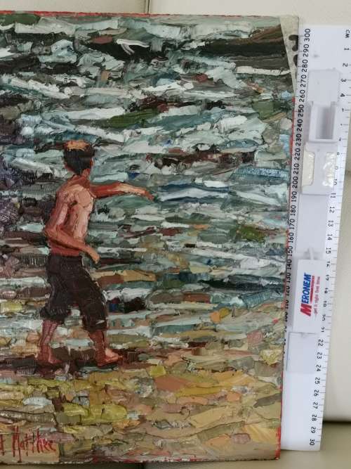 Beautiful INVESTMENT ART! !  "Boy at water"  Oil on Board:De Wet Mathee