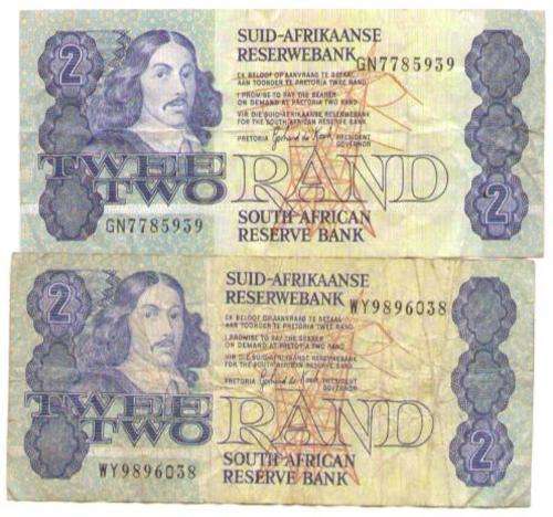 SOUTH AFRICAN R2.00 BANK NOTES. PREFIX GN7785 AND WY9896. (GERHARD de KOCK) ONE NOTE SMALL TEAR