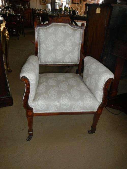 Edwardian inlaid rosewood scroll arm chair - newly upholstered in a Hertex fabric