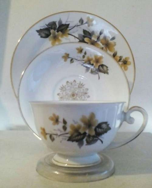 Gloria fine porcelain Bavaria tea trio. Forsythia pattern.  Handwork, Bayreuth, West Germany.