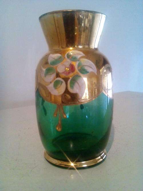 Deep emerald green ,gilt and 'icing sugar' Venetian glass posy vase