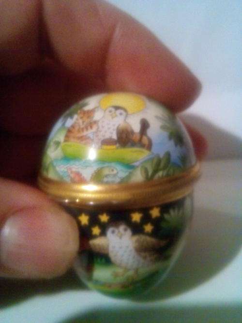 'Halcyon days' egg shaped enamel  box- with scenes from Edward Lear's "The owl and the pusssycat".
