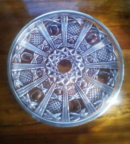 Heavy quality glass dressing table tray with silver plated edge.