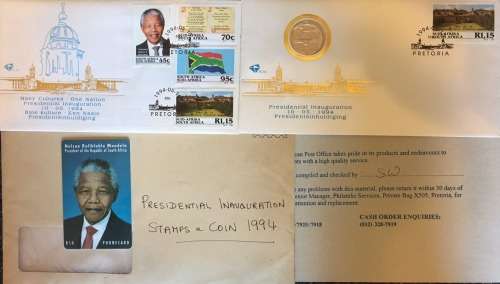 MANDELA R5 SEALED COIN FIRST DAY COVER 1994 + PHONE CARD + ANOTHER FDC