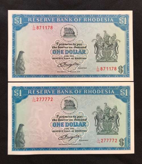 2x Rhodesia One Dollar Banknotes - Uncirculated - Rhodes & Bird Watermarks