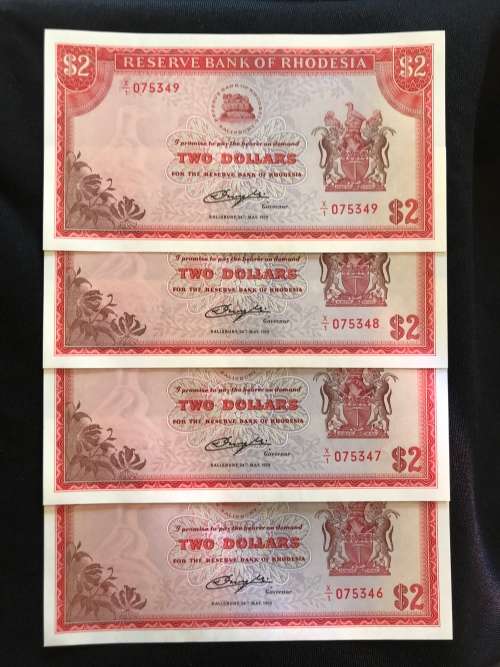 4x Rhodesia Two Dollar Banknotes - Uncirculated - Replacement X/1