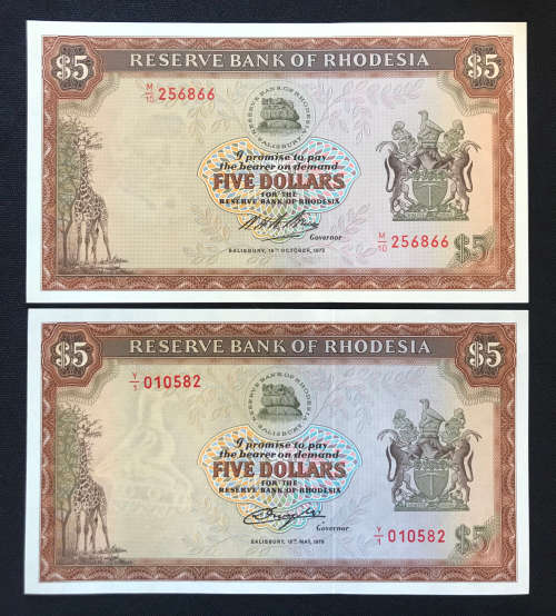 2x Rhodesian Mint Uncirculated Five Dollar Banknotes - Rhodes & Bird Watermarks