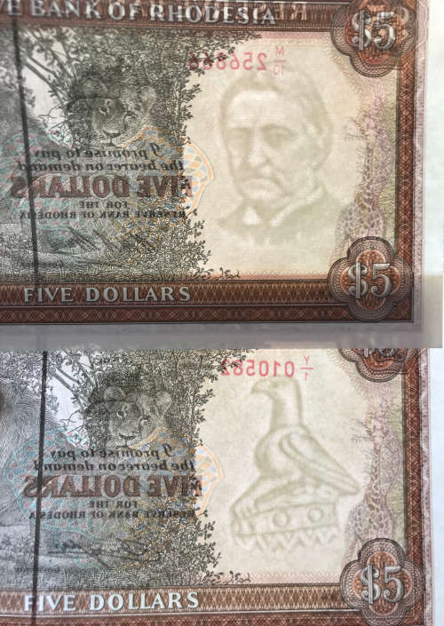 2x Rhodesian Mint Uncirculated Five Dollar Banknotes - Rhodes & Bird Watermarks