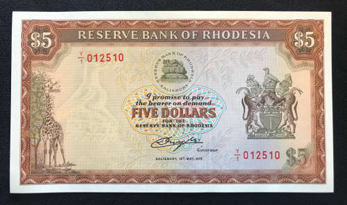 10x Rhodesian Five Dollar Banknotes - Uncirculated - Number Sequence