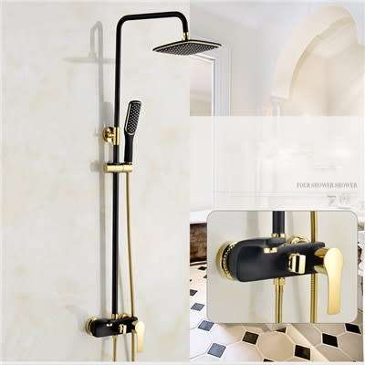 ALL IN ONE STYLISH, MODERN GOLD CHROME COMPLETE FIXED SHOWER SYSTEM, HANDHELD SHOWER HEAD AND TAP..
