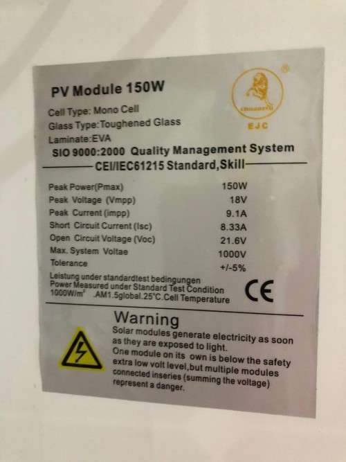 150W MONOCRYSTALLINE SOLAR PANEL-WITH CONNECTOR BOX , CABLES ,2 X CABLE CONNECTORS