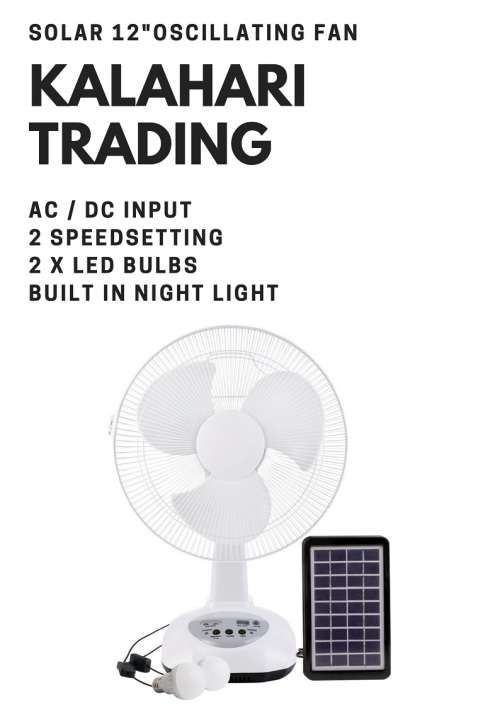 30CM SOLAR FAN...RECHARGEABLE INTERNAL BATTERY...AC/DC INPUT...2 LED BULBS & BUILT IN NIGHT LIGHT