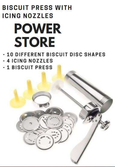 BISCUIT PRESS INCLUDING 10 DESIGN DISCS & 4 ICING NOZZLES