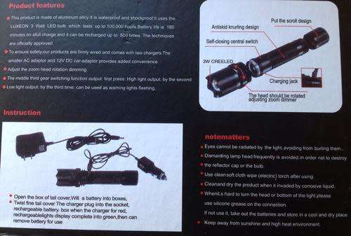 CREE LED RECHARGABLE METAL TORCH  - 1500 LUMENS - 1 X 18650 6800mAh BATTERY - PROTECTIVE CASE