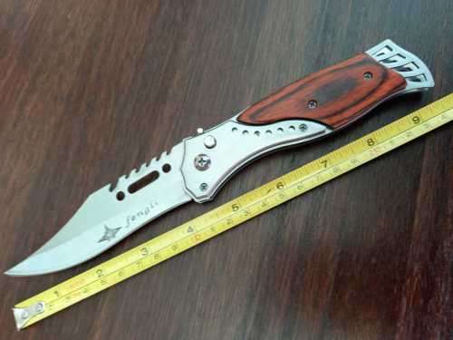 NEW STAINLESS STEEL FOLDING KNIFE WITH SHEATH-250 MM WHEN OPENED-110 MM BLADE-SAFETY LATCH !
