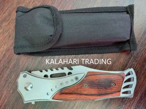 NEW STAINLESS STEEL FOLDING KNIFE WITH SHEATH-250 MM WHEN OPENED-110 MM BLADE-SAFETY LATCH !
