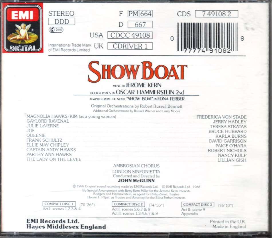 SHOWBOAT (KERN, HAMMERSTEIN) - Soundtrack (3 CD set, booklet missing) CDS 7 49108 2 NM
