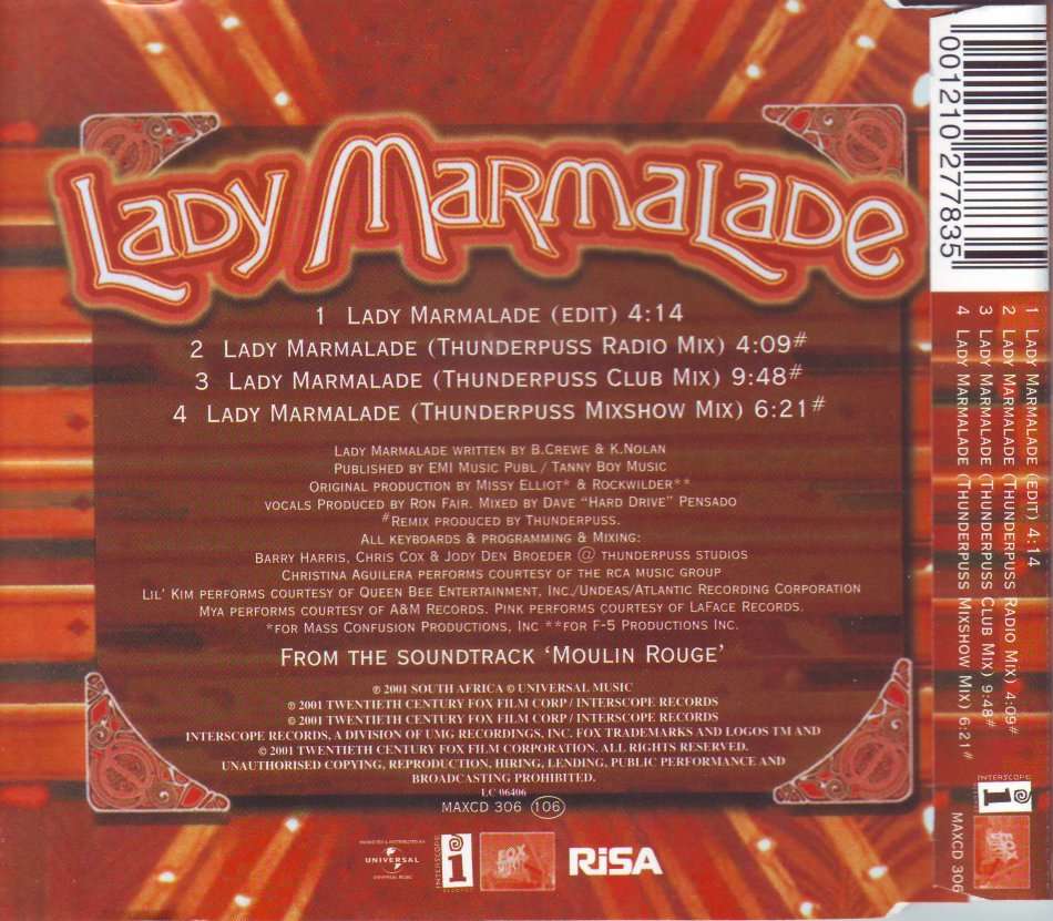 LADY MARMALADE - CD single from Moulin Rouge soundtrack MAXCD306 (FREE BULK SHIPPING)