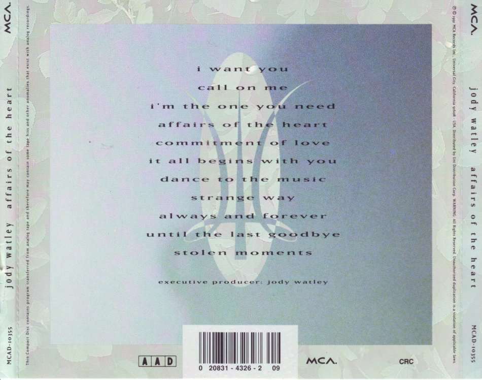 JODY WATLEY - Affairs of the heart MCAD-10355 (FREE BULK SHIPPING)