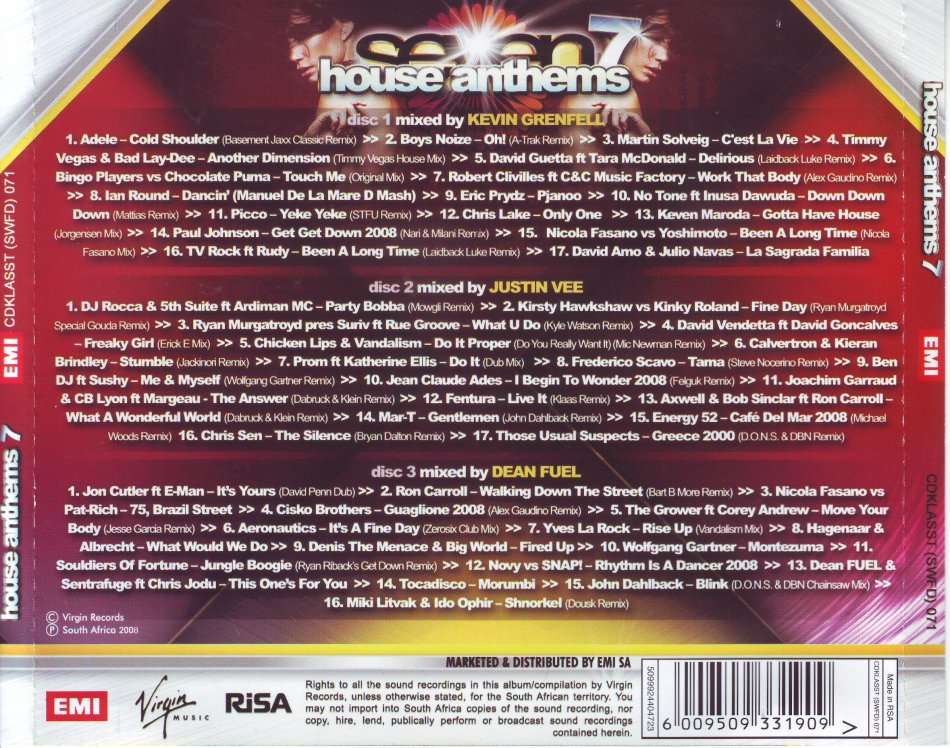 HOUSE ANTHEMS 7 - Compilation (3CD set) CDKLASST(SWFD)071 (FREE BULK SHIPPING)