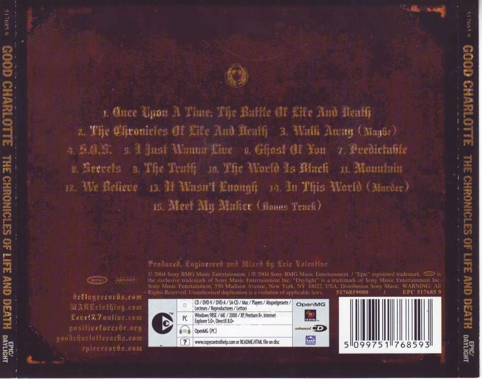 GOOD CHARLOTTE - The chronicles of life and death (CD) EPC 517685 9 NM- (FREE BULK SHIPPING)