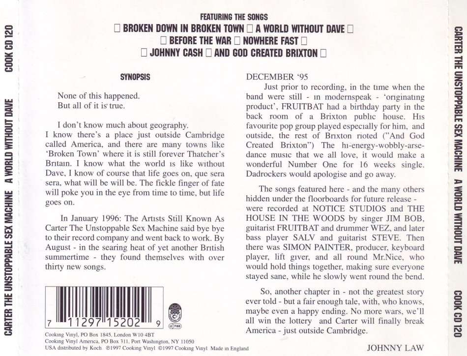 CARTER THE UNSTOPPABLE SEX MACHINE A world without Dave (6 track mini album) COOK CD 120 NM