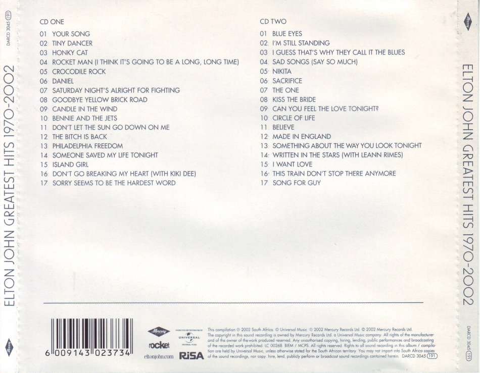 ELTON JOHN - Greatest hits 1970-2002 (double CD) DARCD 3045  (FREE BULK SHIPPING)