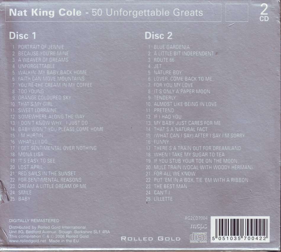 NAT KING COLE - 50 unforgettable greats (double CD) RG2CD7004 (FREE BULK SHIPPING)