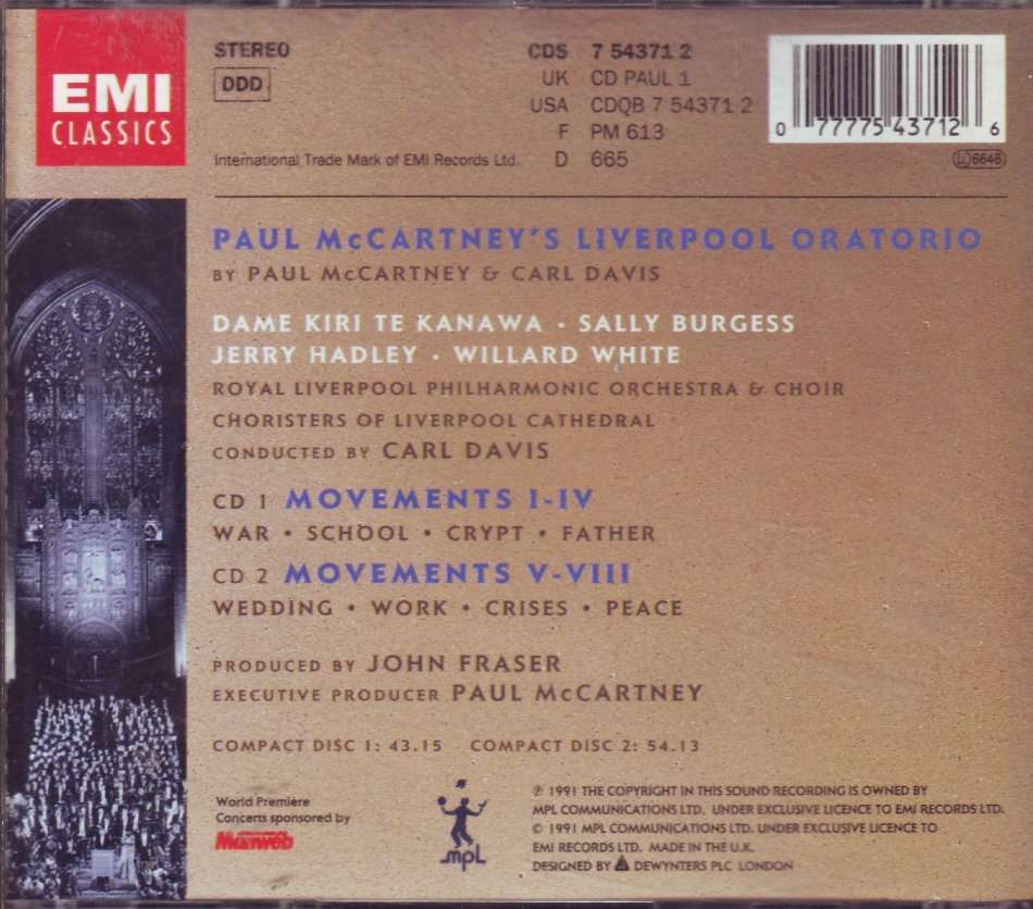 PAUL McCARTNEY & CARL DAVIS -  Liverpool Oratorio (2 CD, fatbox) CDS 7 54371 2 EX