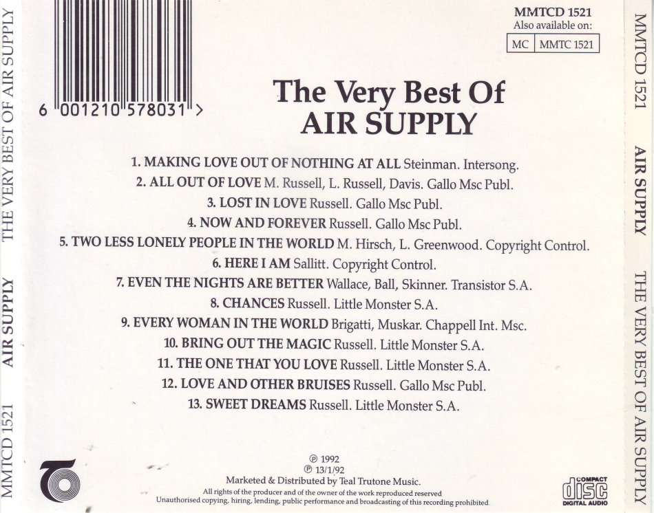 AIR SUPPLY - The Very Best Of Air Supply (CD) MMTCD 1521 (FREE BULK SHIPPING)